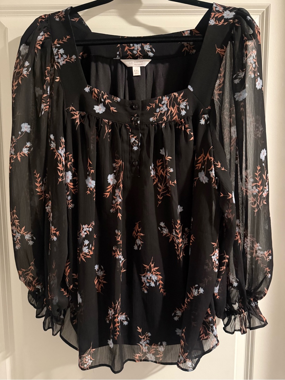 Lauren Conrad Chiffon Floral Peasant Blouse with Sheer Puff Sleeves Sz XXL